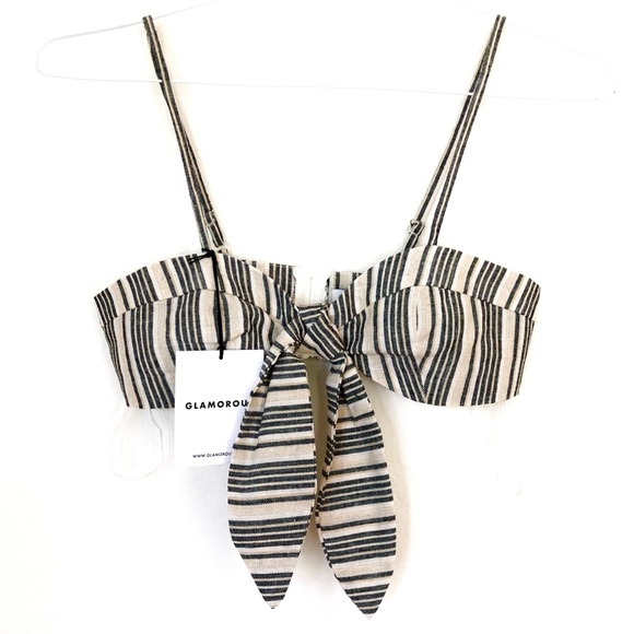 Glamorous Tops - GLAMOROUS Stripe Tie Front Crop Top - Cream Gray